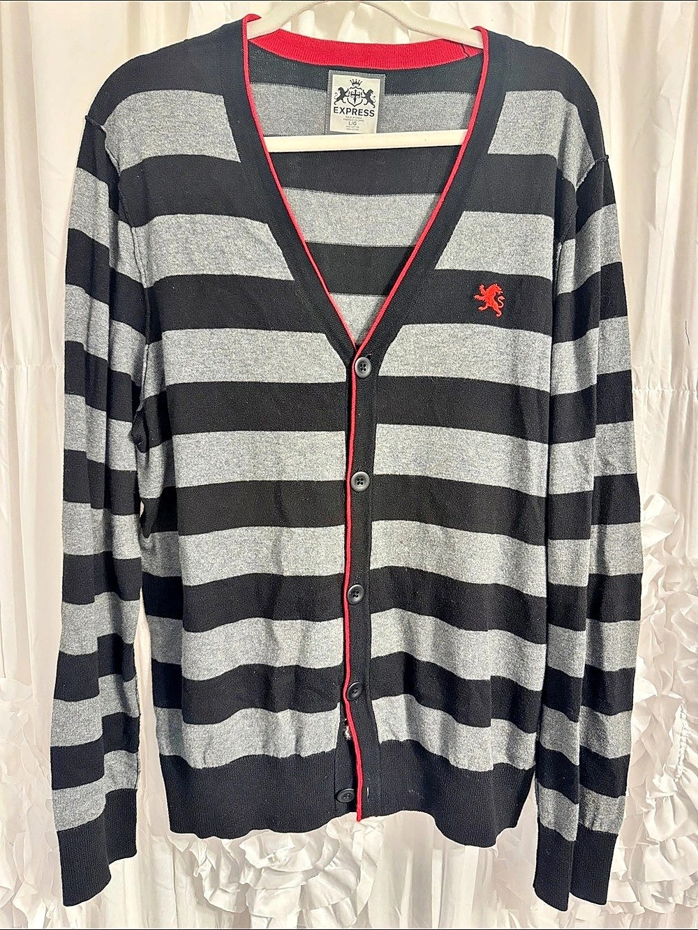 Express Striped Cotton Cardigan in Black & Gray Like New